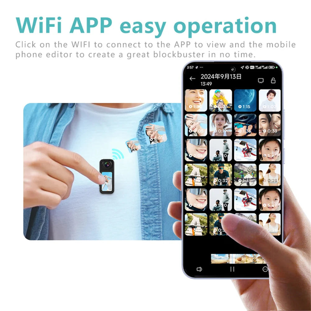 Mini Action Camera 2.7K – Pocket Size, WiFi, 180° Wide Angle